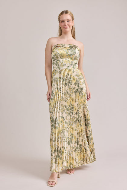 Saylor Satin Pleated Floral Print Dress | Made To Order | Pale Yellow Meadow Blooms