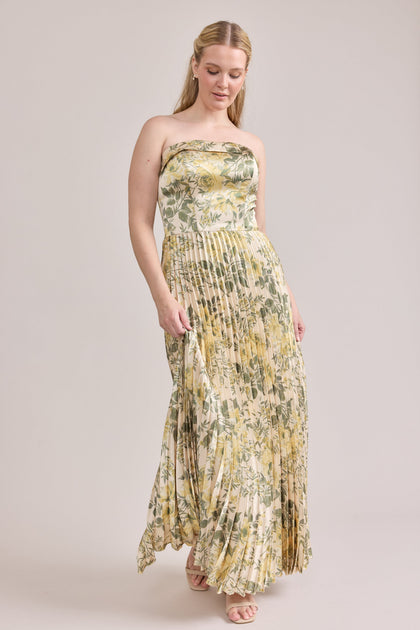 Saylor Satin Pleated Floral Print Dress | Made To Order | Pale Yellow Meadow Blooms
