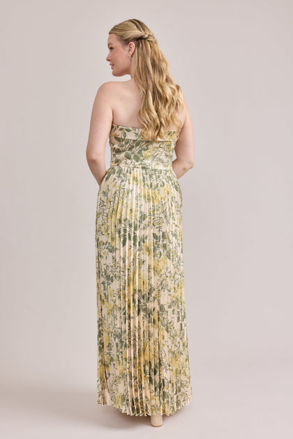 Saylor Satin Pleated Floral Print Dress | Made To Order | Pale Yellow Meadow Blooms