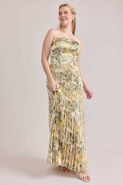 Saylor Satin Pleated Floral Print Dress | Made To Order | Pale Yellow Meadow Blooms