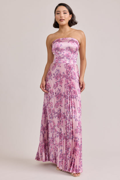 Saylor Satin Pleated Floral Print Dress | Made To Order | Perfect Pink Blossom