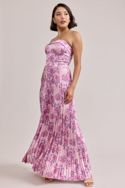 Saylor Satin Pleated Floral Print Dress | Made To Order | Perfect Pink Blossom