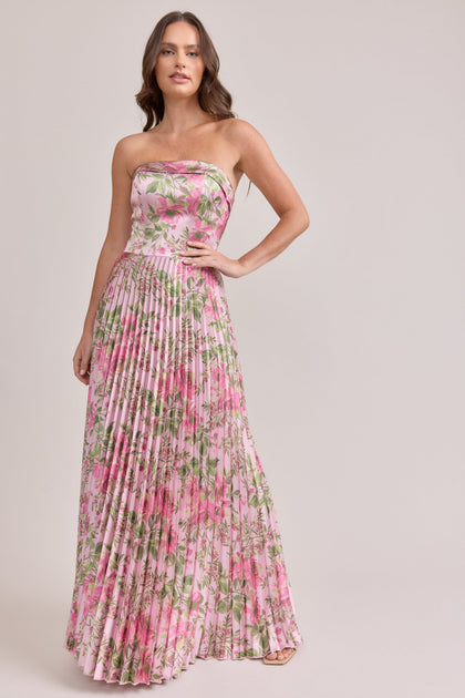Saylor Satin Pleated Floral Print Dress | Made To Order | Perfect Pink Meadow Blooms