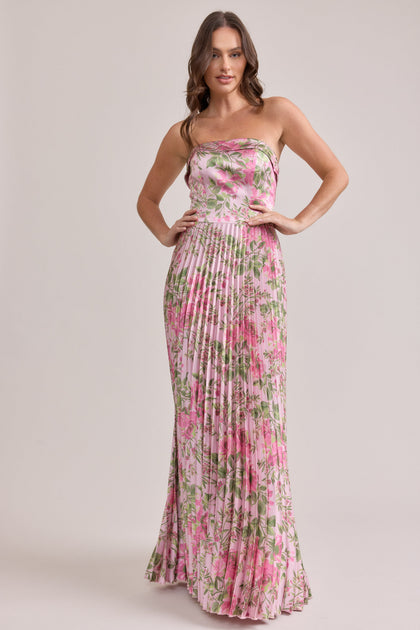 Saylor Satin Pleated Floral Print Dress | Made To Order | Perfect Pink Meadow Blooms