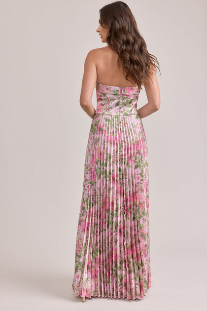 Saylor Satin Pleated Floral Print Dress | Made To Order | Perfect Pink Meadow Blooms