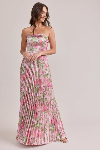 Saylor Satin Pleated Floral Print Dress | Made To Order | Perfect Pink Meadow Blooms
