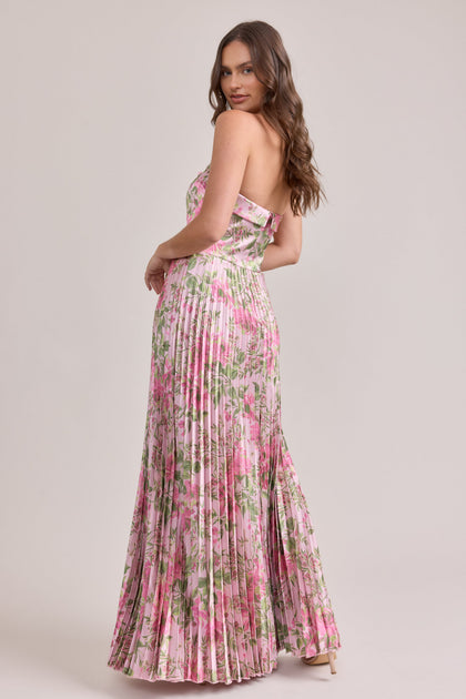 Saylor Satin Pleated Floral Print Dress | Made To Order | Perfect Pink Meadow Blooms