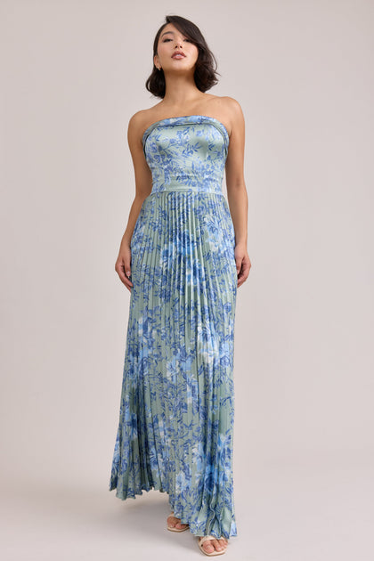 Saylor Satin Pleated Floral Print Dress | Made To Order | Sage and Sky Blue Meadow Blooms