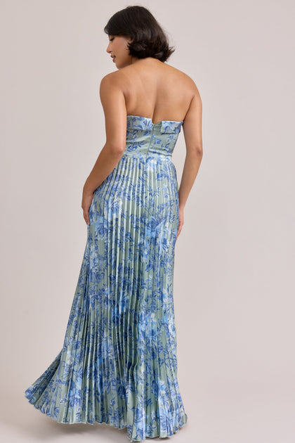 Saylor Satin Pleated Floral Print Dress | Made To Order | Sage and Sky Blue Meadow Blooms