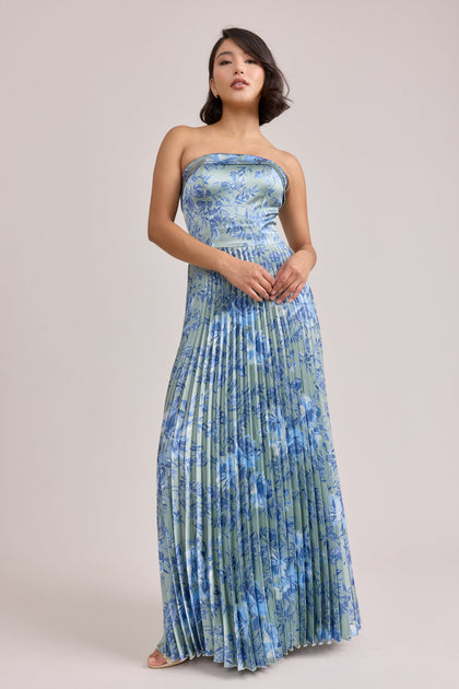 Saylor Satin Pleated Floral Print Dress | Made To Order | Sage and Sky Blue Meadow Blooms