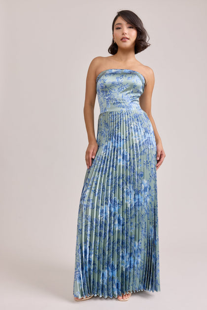 Saylor Satin Pleated Floral Print Dress | Made To Order | Sage and Sky Blue Meadow Blooms