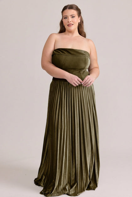Saylor Velvet Pleated Dress | Made To Order | Olive