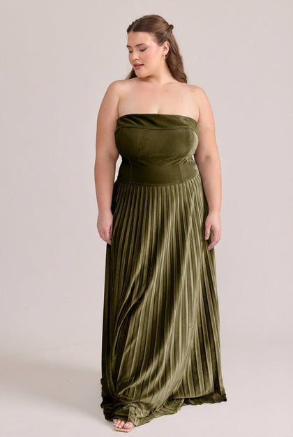 Saylor Velvet Pleated Dress | Made To Order | Olive