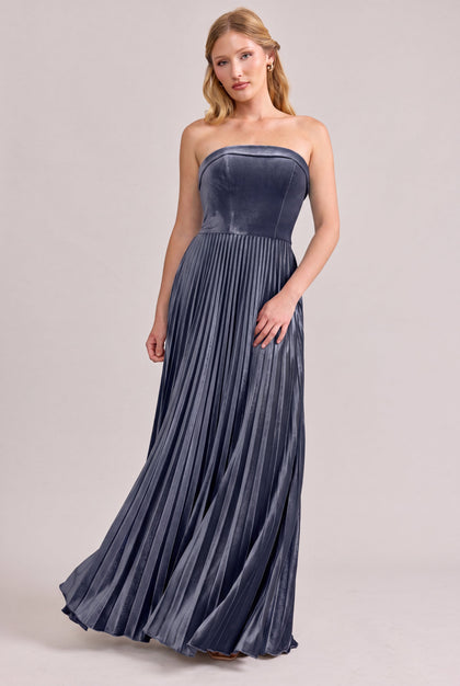 Saylor Velvet Pleated Dress | Made To Order | Indie Blue