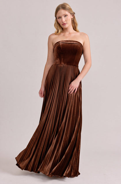 Saylor Velvet Pleated Dress | Made To Order | Mahogany