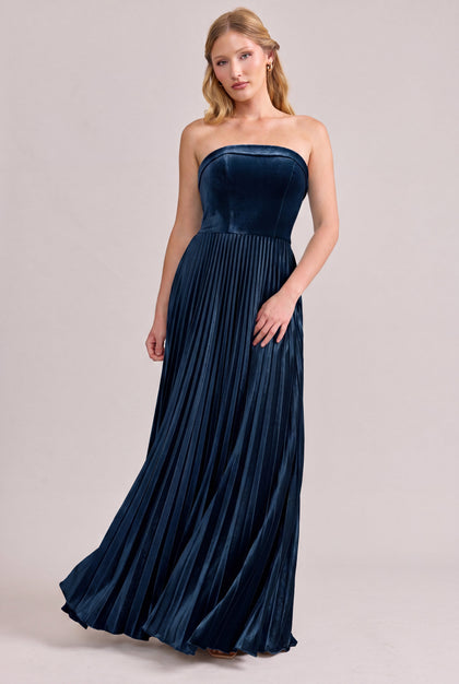 Saylor Velvet Pleated Dress | Made To Order | Navy Blue