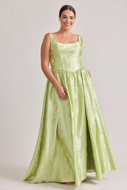 Seraphina Lustre Jacquard Dress | Matcha
