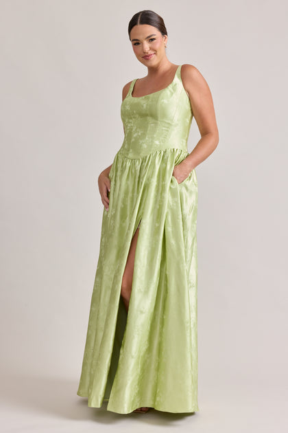 Seraphina Lustre Jacquard Dress | Matcha