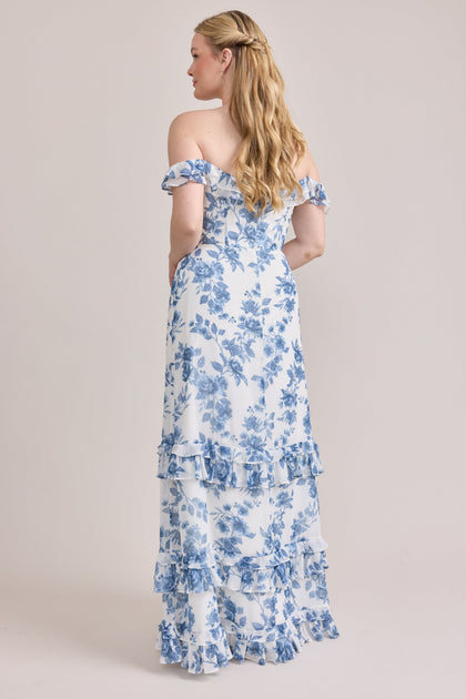 Shea Chiffon Floral Print Dress | Made To Order | Dusty Blue Bouquet