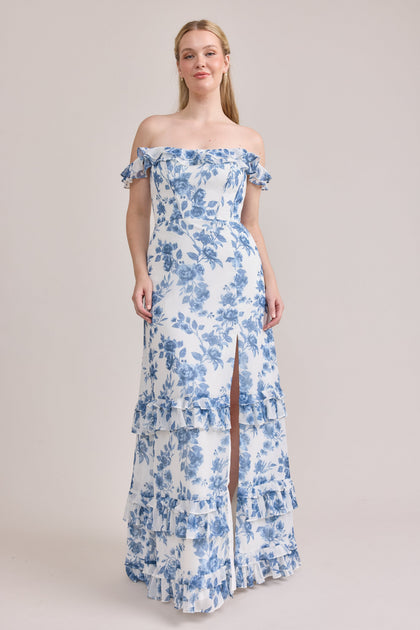 Shea Chiffon Floral Print Dress | Made To Order | Dusty Blue Bouquet