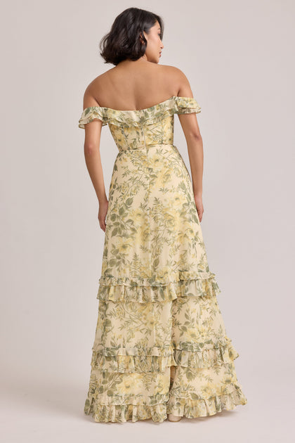 Shea Chiffon Floral Print Dress | Made To Order | Pale Yellow Meadow Blooms