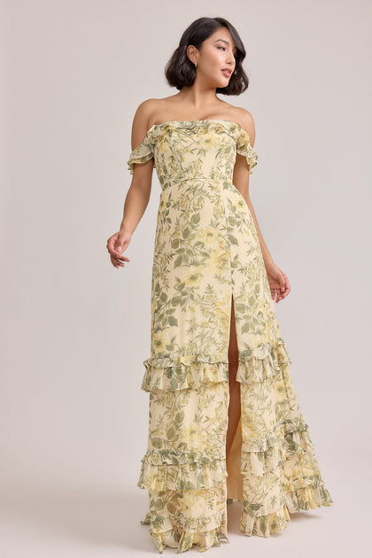 Shea Chiffon Floral Print Dress | Made To Order | Pale Yellow Meadow Blooms