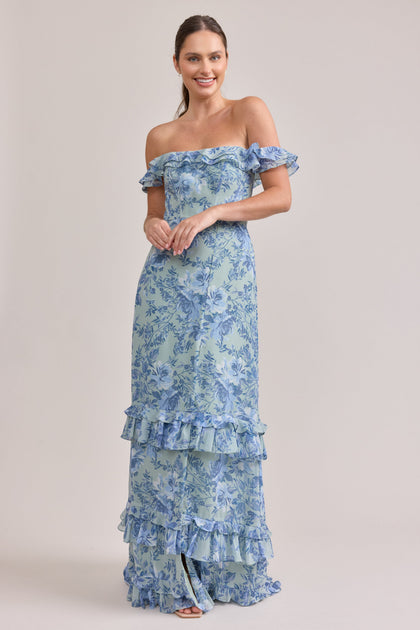 Shea Chiffon Floral Print Dress | Made To Order | Sage and Sky Blue Meadow Blooms