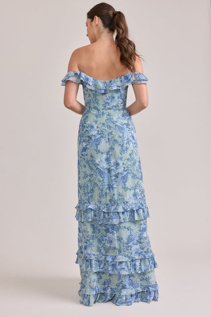 Shea Chiffon Floral Print Dress | Made To Order | Sage and Sky Blue Meadow Blooms