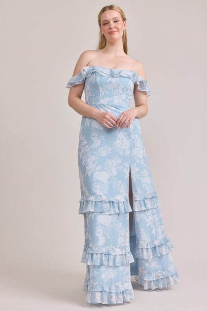 Shea Chiffon Floral Print Dress | Made To Order | Sky Blue Bouquet