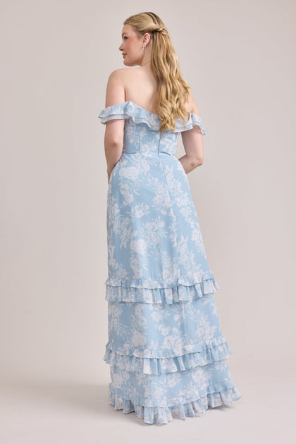 Shea Chiffon Floral Print Dress | Made To Order | Sky Blue Bouquet