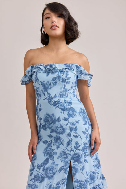 Shea Chiffon Floral Print Dress | Made To Order | Sky Blue Garden