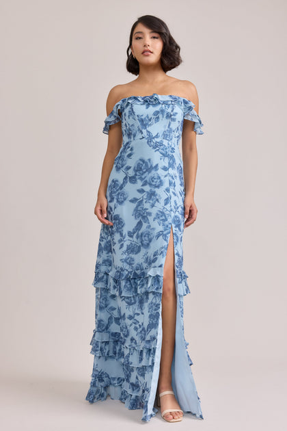 Shea Chiffon Floral Print Dress | Made To Order | Sky Blue Garden