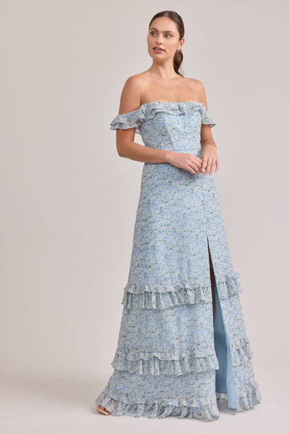 Shea Chiffon Floral Print Dress | Made To Order | Sky Blue Multi Posey