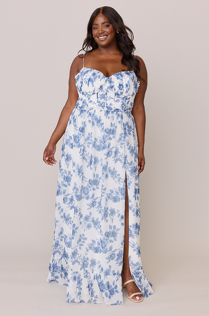 Shylah Chiffon Floral Print Dress | Made To Order | Dusty Blue Bouquet