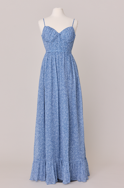 Shylah Chiffon Floral Print Dress | Made To Order | Dusty Blue Posey