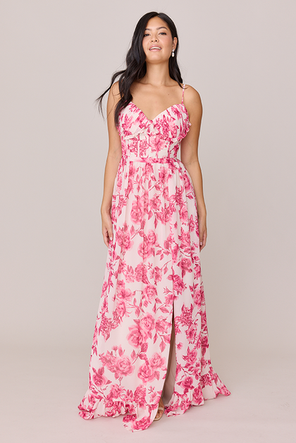 Shylah Chiffon Floral Print Dress | Made To Order | Hot Pink Garden