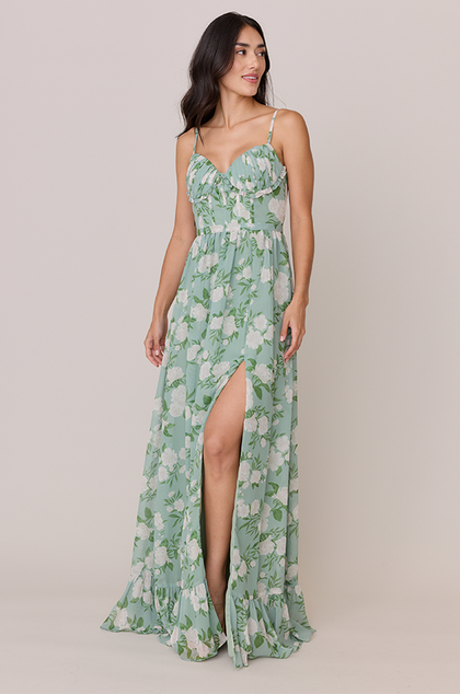 Shylah Chiffon Floral Print Dress | Made To Order | Sage Multi Bouquet