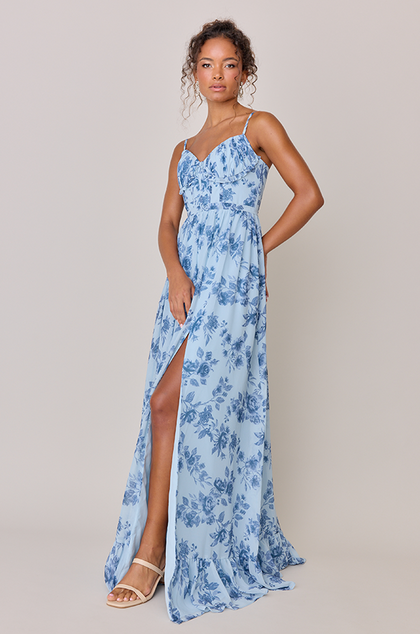 Shylah Chiffon Floral Print Dress | Made To Order | Sky Blue Garden