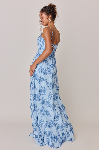 Shylah Chiffon Floral Print Dress | Made To Order | Sky Blue Garden