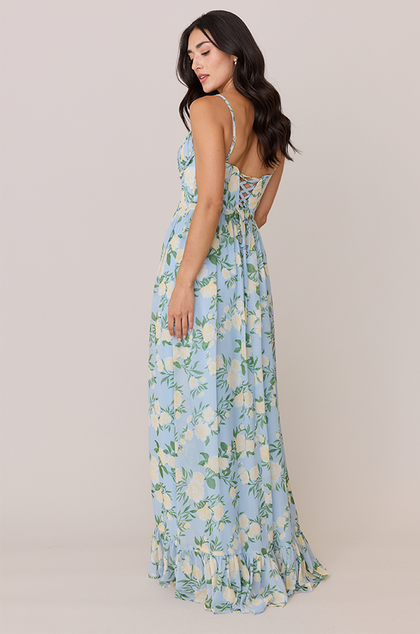 Shylah Chiffon Floral Print Dress | Made To Order | Sky Blue Multi Bouquet