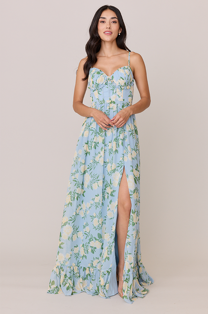 Shylah Chiffon Floral Print Dress | Made To Order | Sky Blue Multi Bouquet