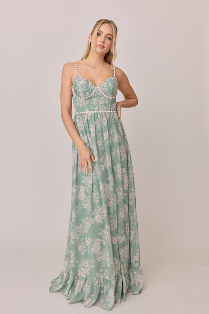 Shylah Luxe Chiffon Floral Print Dress | Made To Order | Sage and Champagne Bouquet