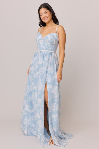 Shylah Luxe Chiffon Floral Print Dress | Made To Order | Sky Blue Bouquet