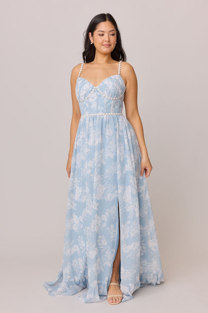 Shylah Luxe Chiffon Floral Print Dress | Made To Order | Sky Blue Bouquet