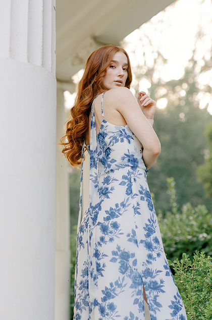 Pictured with the Skye in Dusty Blue Bouquet Chiffon
