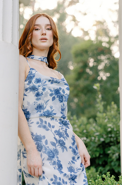Pictured with the Skye in Dusty Blue Bouquet Chiffon