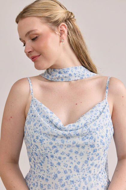 Chiffon Floral Print Skinny Scarf | Made To Order | French Blue Posey