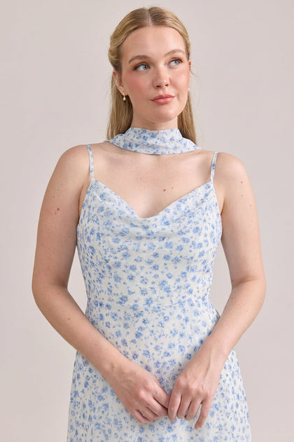 Chiffon Floral Print Skinny Scarf | Made To Order | French Blue Posey