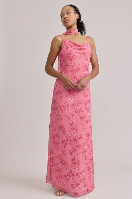 Chiffon Floral Print Skinny Scarf | Made To Order | Malibu Pink Bouquet