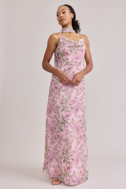 Chiffon Floral Print Skinny Scarf | Made To Order | Perfect Pink Meadow Blooms